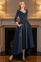 Dreamyannie Navy V Neck A Line High Low Mother Of The Bride Dress With Pockets