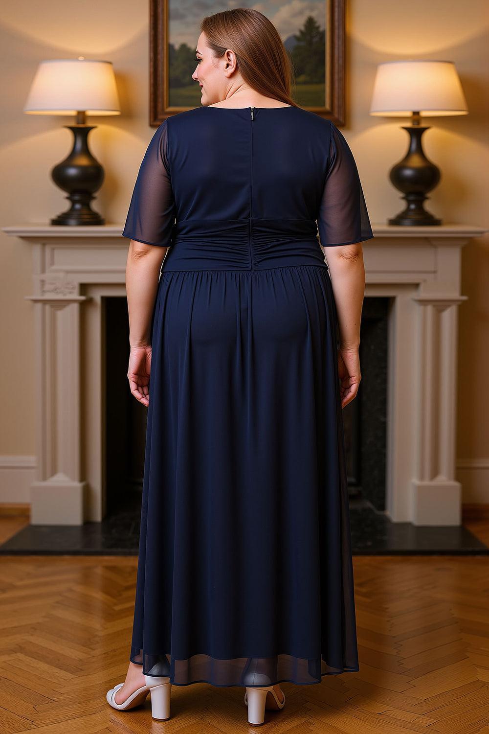Dreamyannie Navy V Neck Chiffon Ruched Floor Length Plus Size Mother Of The Bride Dress