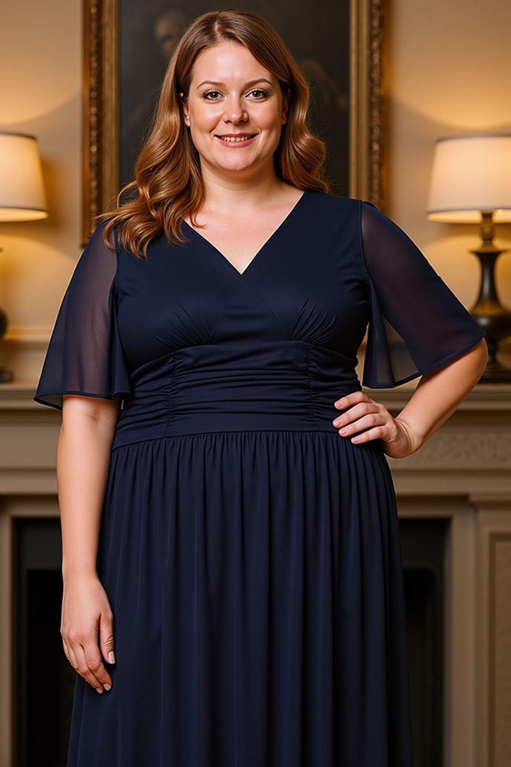 Dreamyannie Navy V Neck Chiffon Ruched Floor Length Plus Size Mother Of The Bride Dress