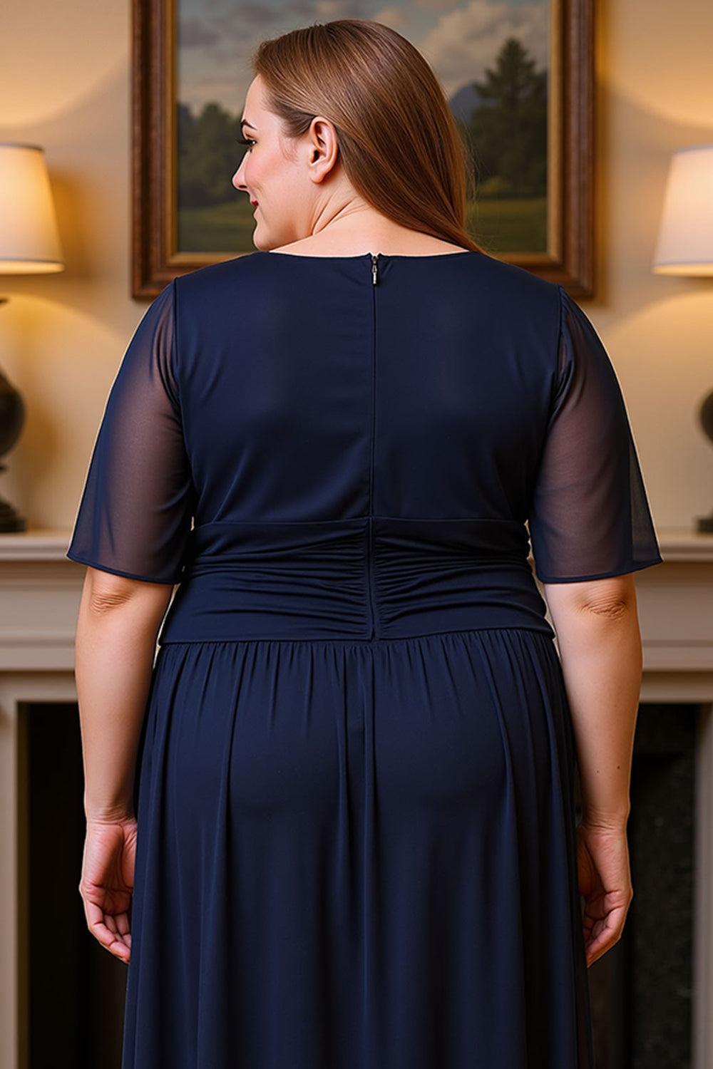 Dreamyannie Navy V Neck Chiffon Ruched Floor Length Plus Size Mother Of The Bride Dress