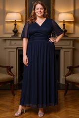 Dreamyannie Navy V Neck Chiffon Ruched Floor Length Plus Size Mother Of The Bride Dress