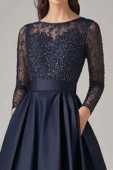 Dreamyannie Navy Wedding Guest Dress Beaded A Line Long Sleeves Formal Dress With Lace