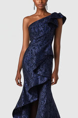 Dreamyannie Navy Wedding Guest Dress One Shoulder Mermaid Long Formal Dress With Ruffles