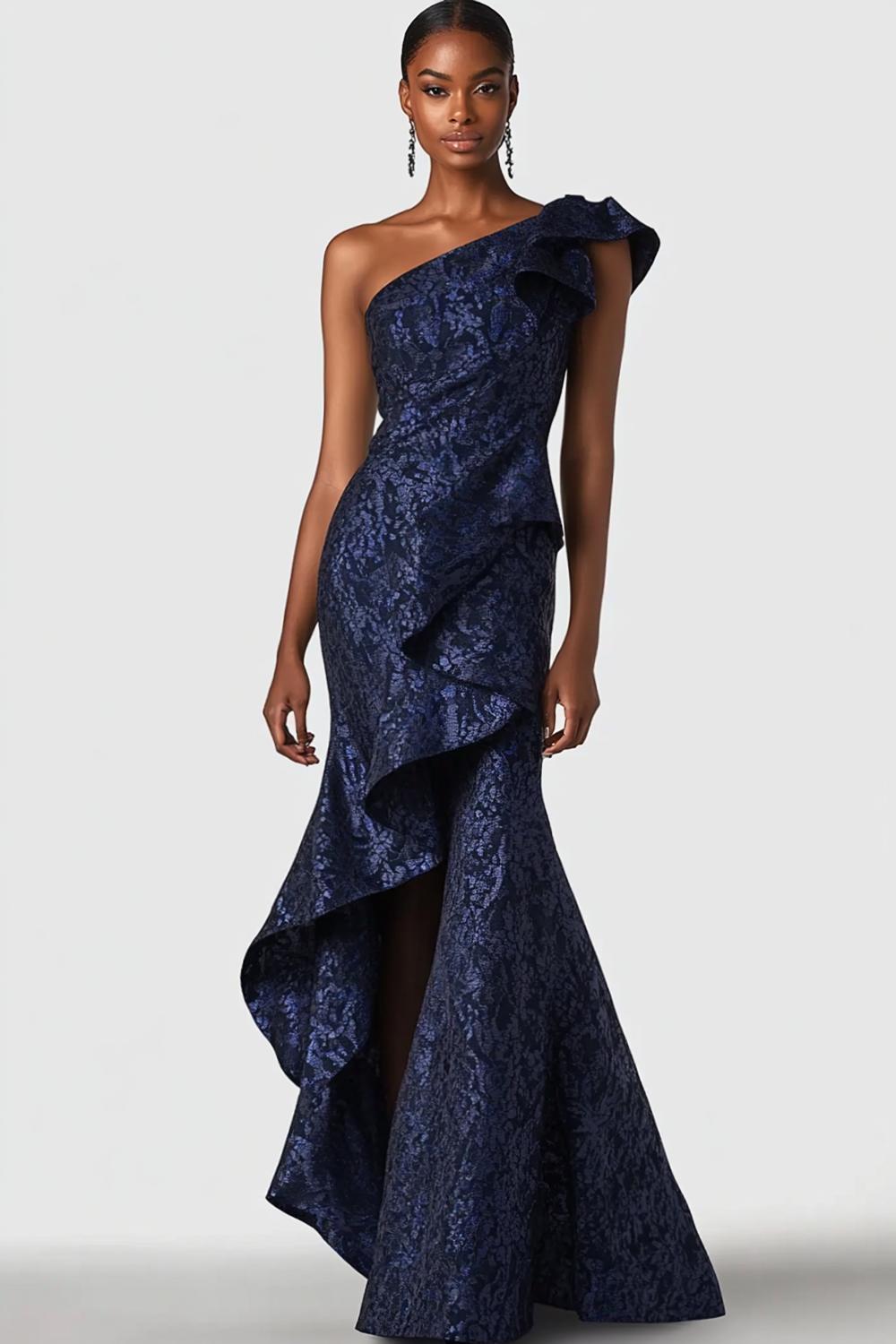 Dreamyannie Navy Wedding Guest Dress One Shoulder Mermaid Long Formal Dress With Ruffles
