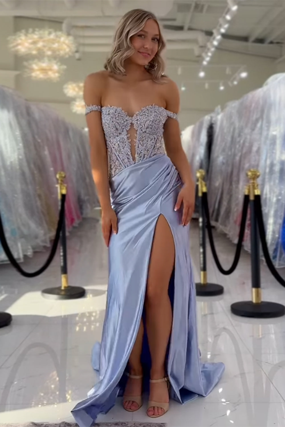 Dreamyannie Off The Shoulder Blush Prom Dress Mermaid Corset Floor Length Formal Dress With Appliques