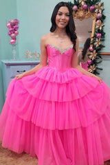 Dreamyannie Off The Shoulder Fuchsia Prom Dress A-Line Tiered Long Formal Dress With Slit