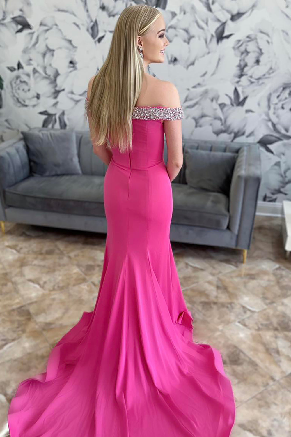 Dreamyannie Off The Shoulder Fuchsia Prom Dress Long Formal Dress With Slit