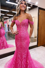 Dreamyannie Off The Shoulder Fuchsia Prom Dress Mermaid Formal Dress With Lace