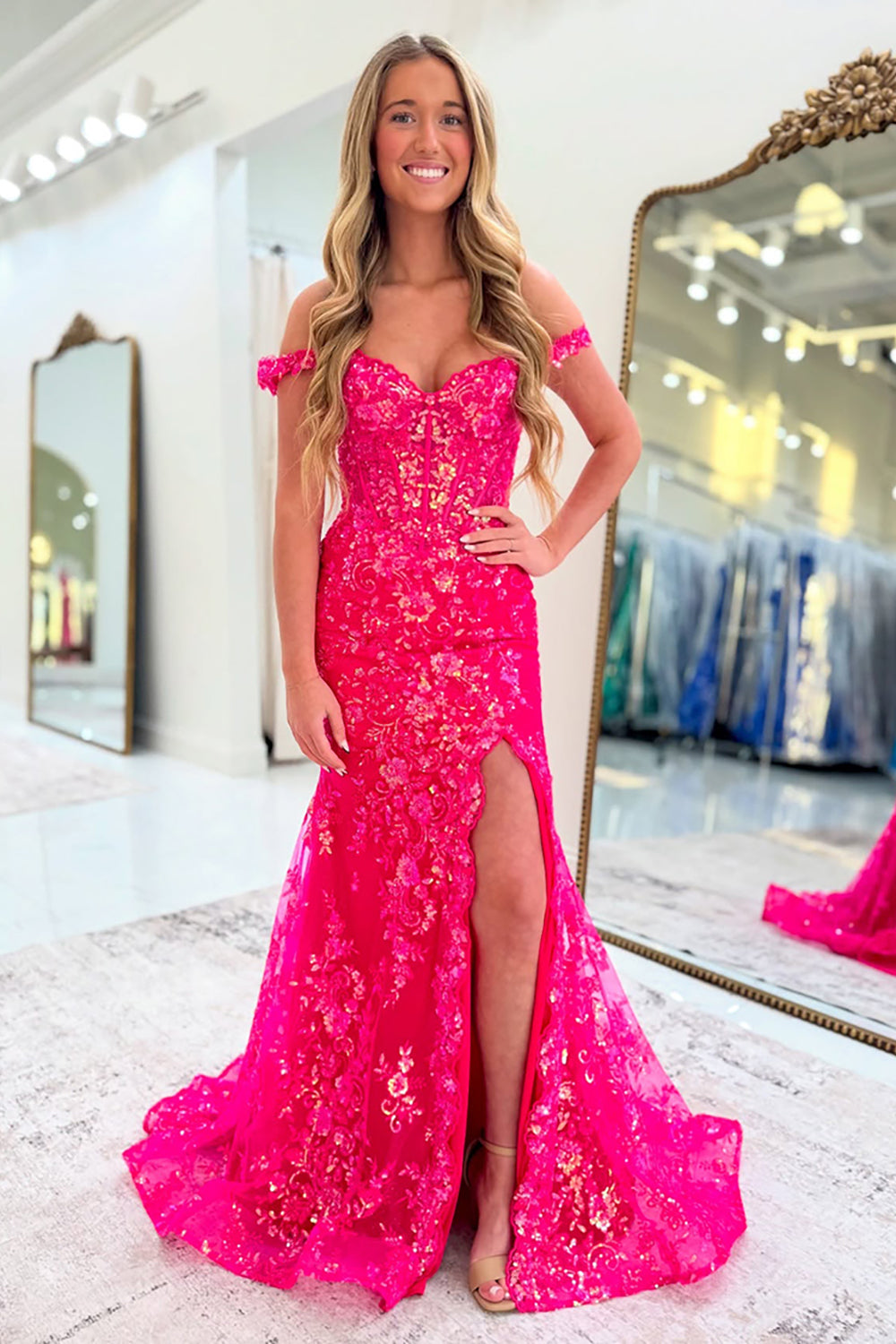 Dreamyannie Off The Shoulder Fuchsia Prom Dress Mermaid Long Formal Dress With Slit