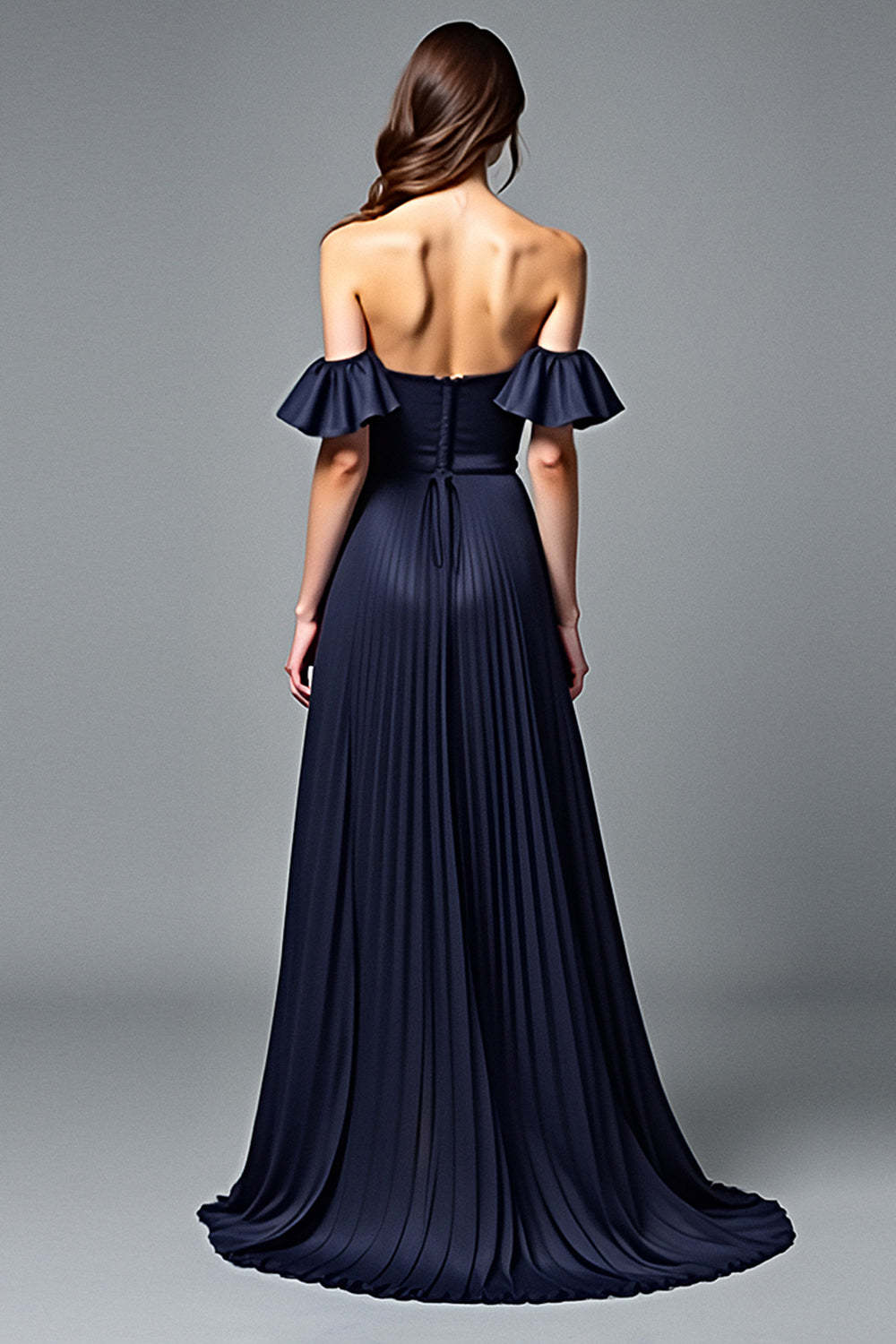 Dreamyannie Off The Shoulder Navy Wedding Guest Dress A Line Pleated Formal Dress With Ruffles