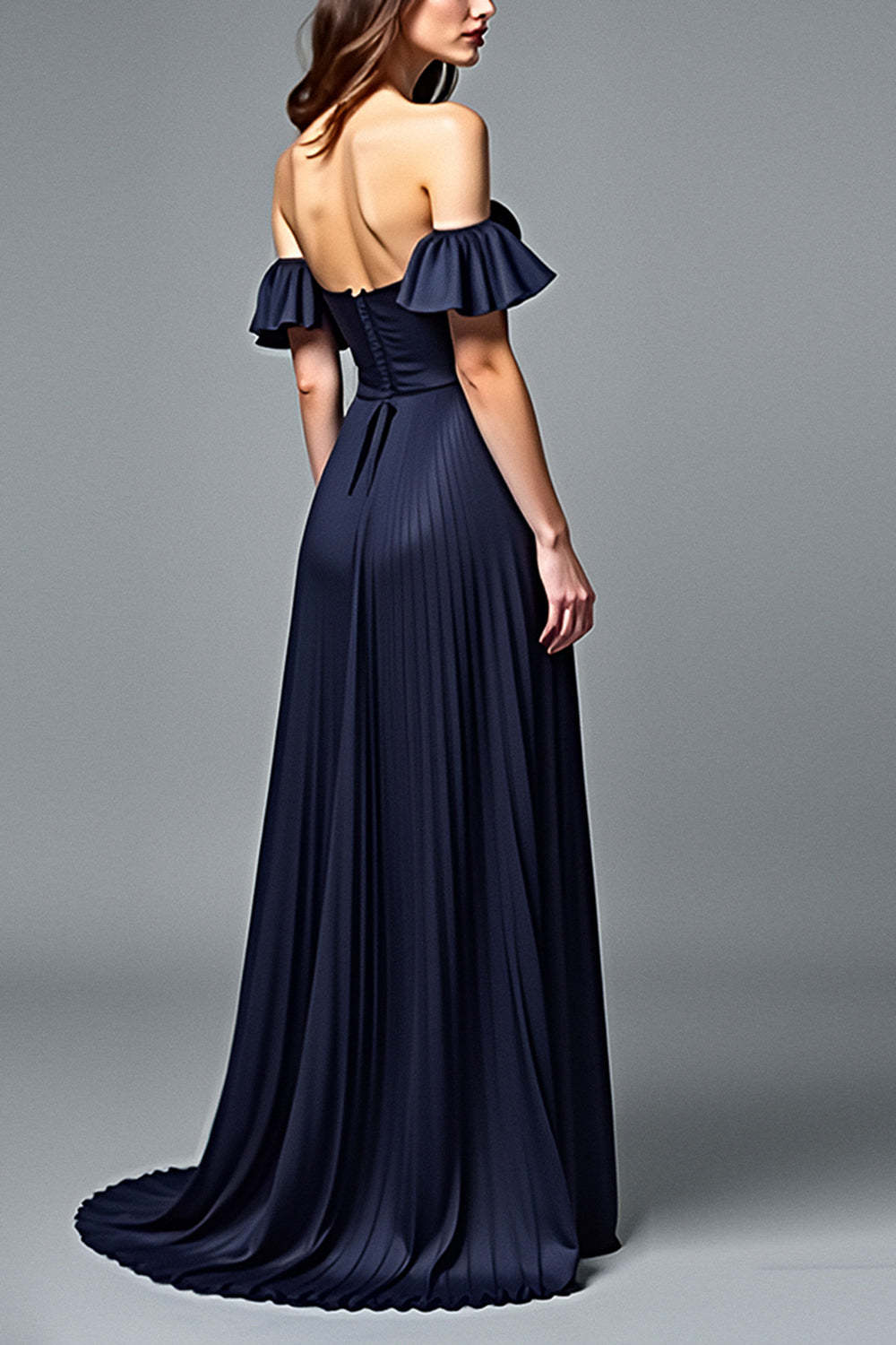 Dreamyannie Off The Shoulder Navy Wedding Guest Dress A Line Pleated Formal Dress With Ruffles