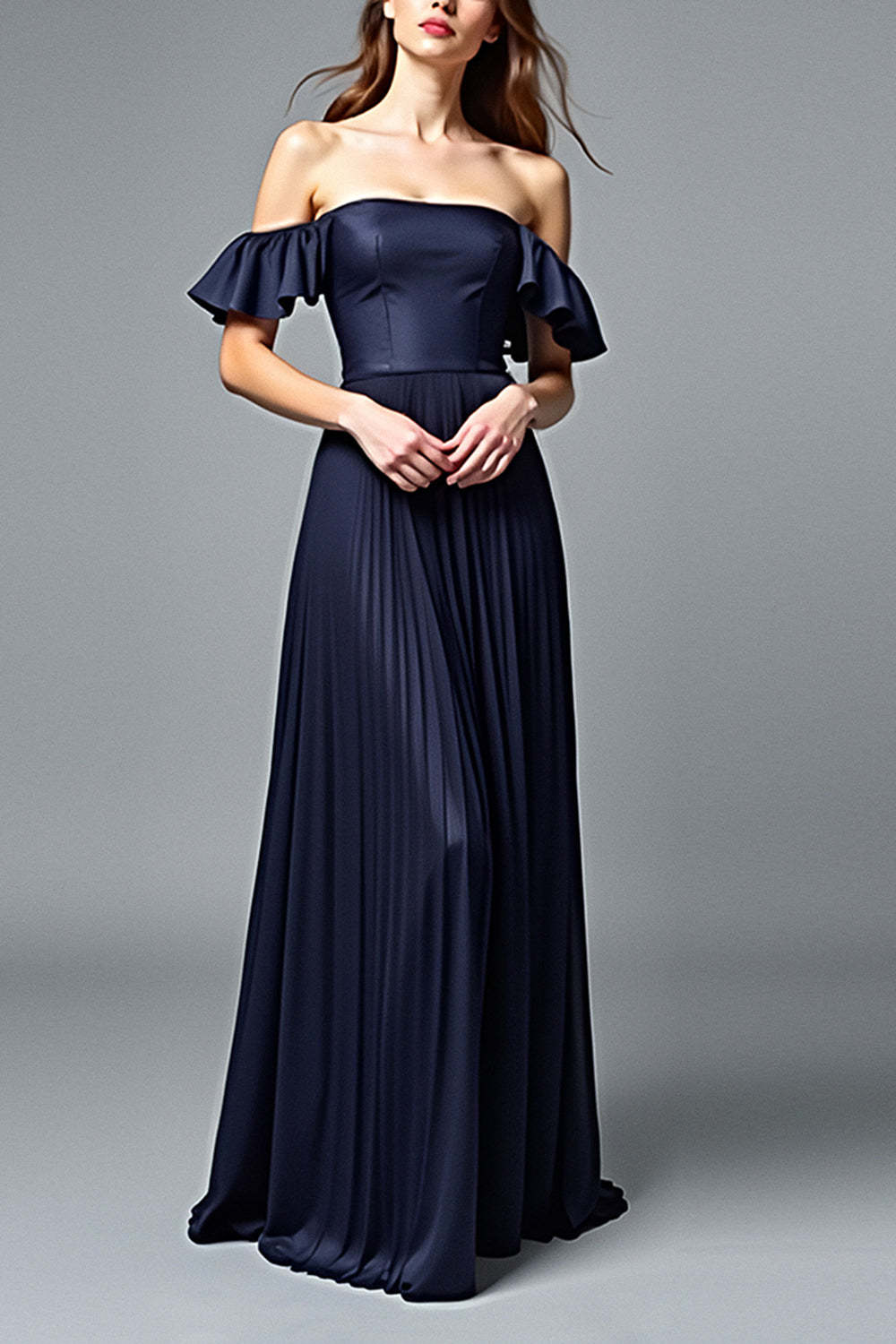 Dreamyannie Off The Shoulder Navy Wedding Guest Dress A Line Pleated Formal Dress With Ruffles