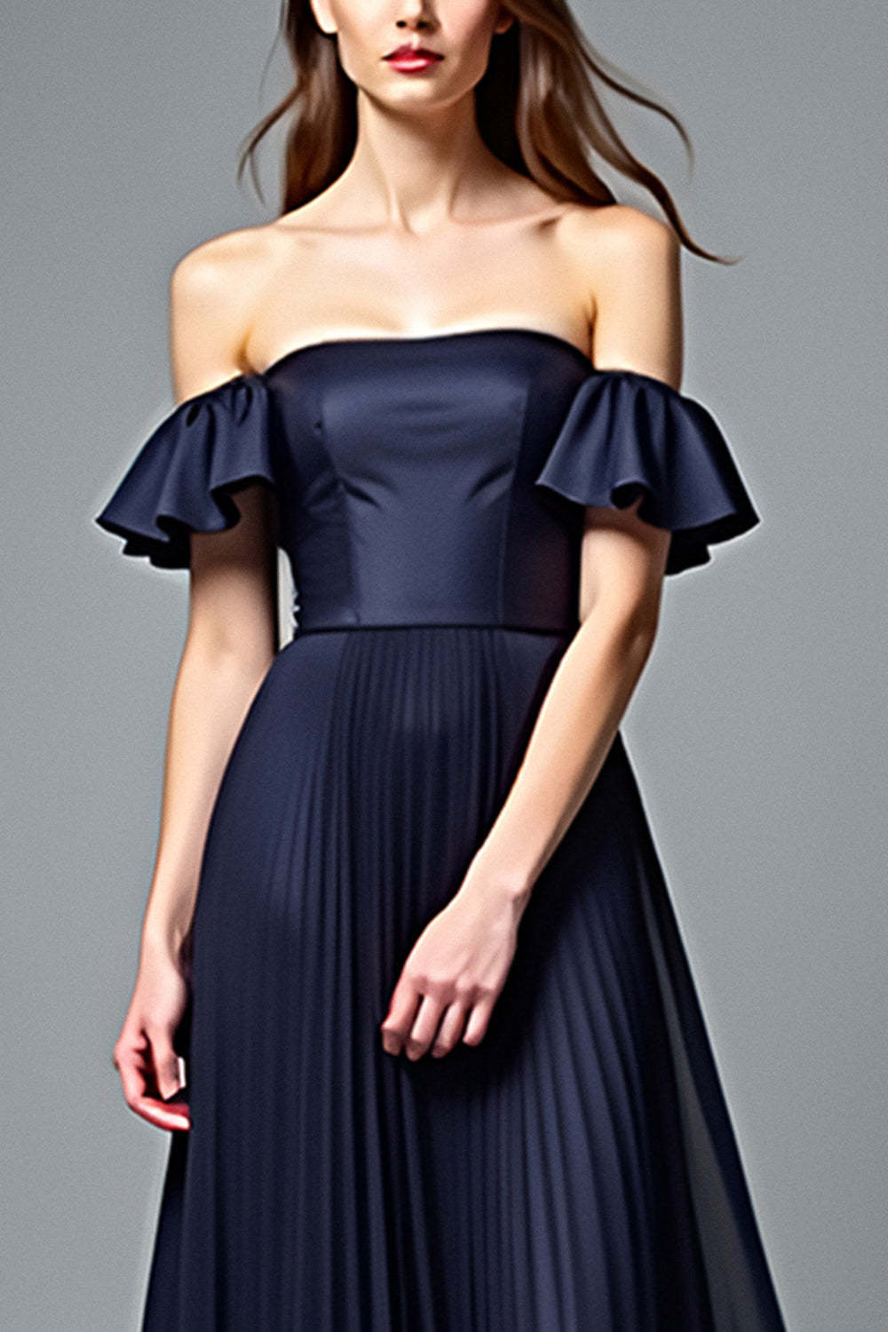 Dreamyannie Off The Shoulder Navy Wedding Guest Dress A Line Pleated Formal Dress With Ruffles