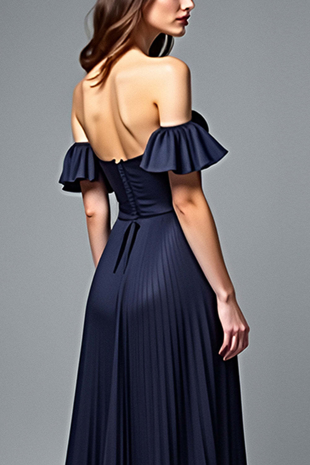 Dreamyannie Off The Shoulder Navy Wedding Guest Dress A Line Pleated Formal Dress With Ruffles