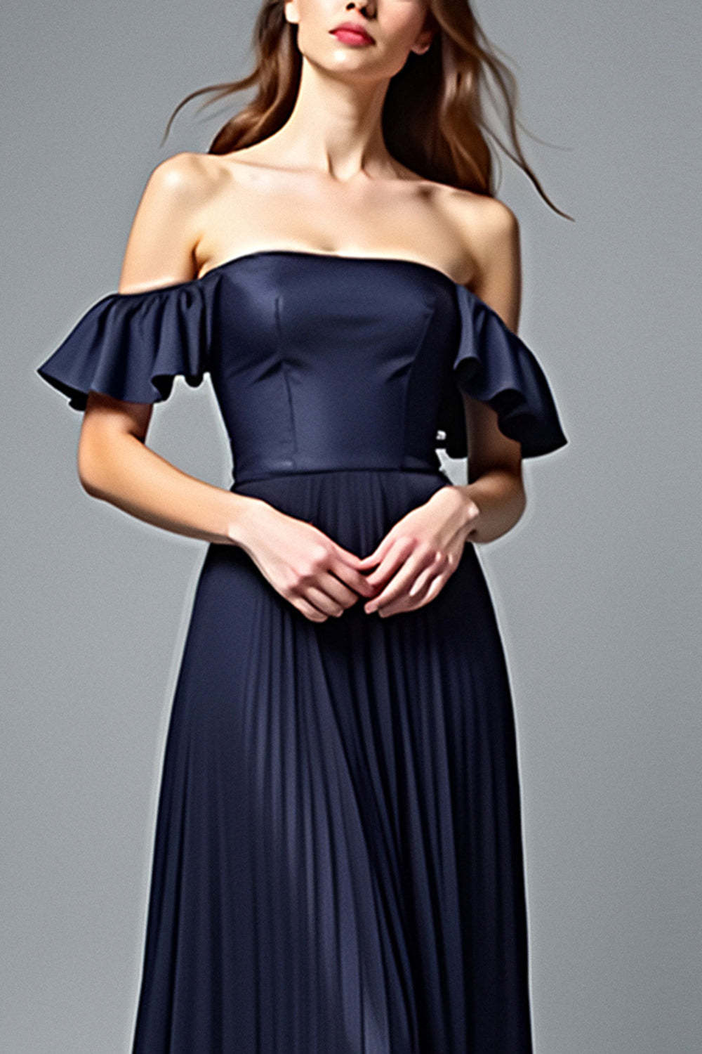 Dreamyannie Off The Shoulder Navy Wedding Guest Dress A Line Pleated Formal Dress With Ruffles