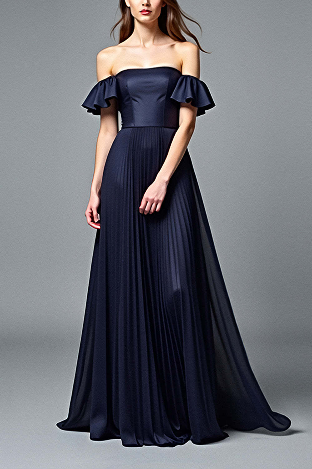 Dreamyannie Off The Shoulder Navy Wedding Guest Dress A Line Pleated Formal Dress With Ruffles