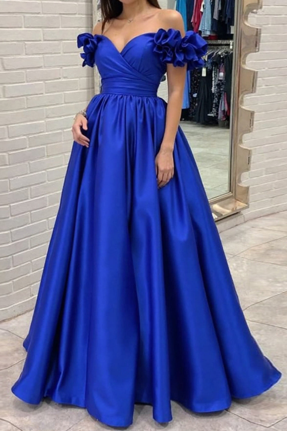Dreamyannie Off The Shoulder Royal Blue Prom Dress Satin Ball Gown Formal Dress