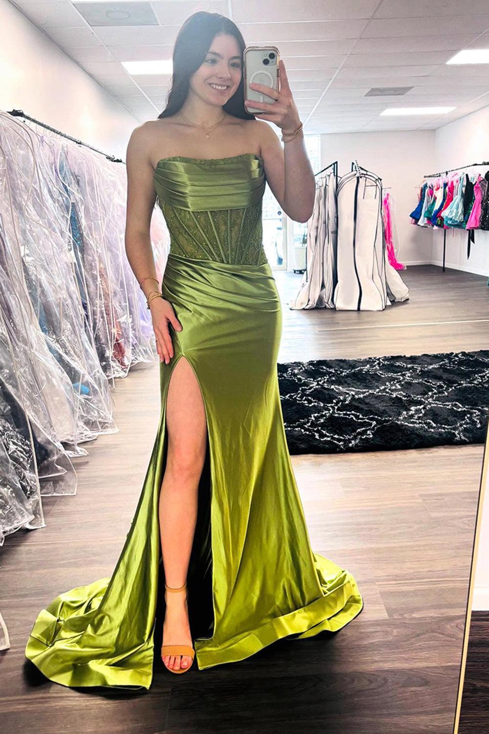 Dreamyannie Fuchsia Prom Dress Mermaid Appliques Ruche Long Formal Dress With Slit