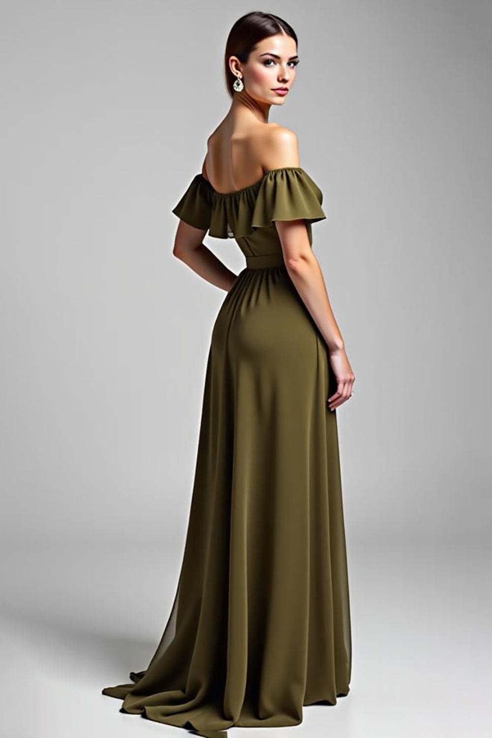 Dreamyannie Olive Wedding Guest Dress Chiffon A Line Long Formal Dress With Ruffles