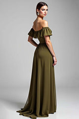 Dreamyannie Olive Wedding Guest Dress Chiffon A Line Long Formal Dress With Ruffles