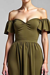Dreamyannie Olive Wedding Guest Dress Chiffon A Line Long Formal Dress With Ruffles