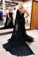 Dreamyannie One Shoulder Black Prom Dress Tulle Cape Long Corset Formal Dress With Lace