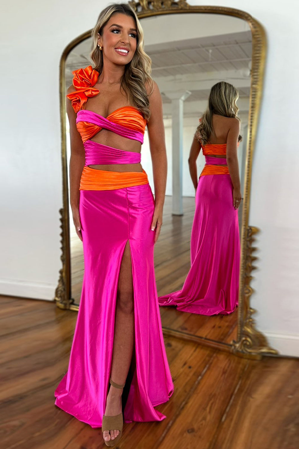 Dreamyannie One Shoulder Fuchsia Prom Dress Cut Out Satin Long Formal Dress With Slit