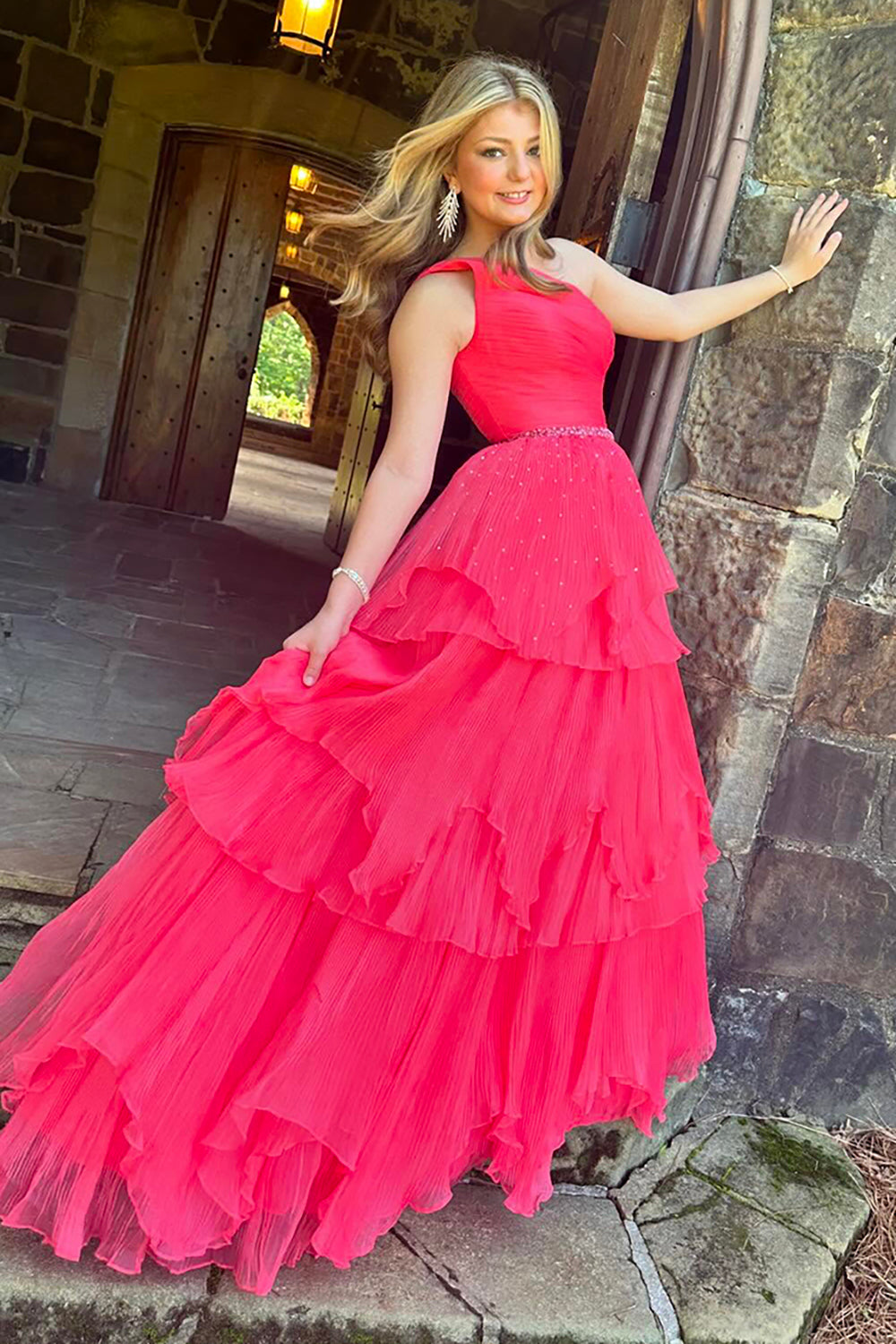 Dreamyannie One Shoulder Fuchsia Prom Dress Long Formal Dress With Ruffles