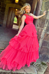 Dreamyannie One Shoulder Fuchsia Prom Dress Long Formal Dress With Ruffles