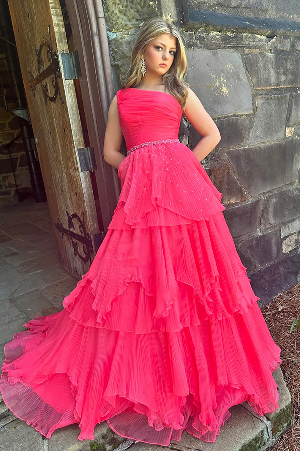 Dreamyannie One Shoulder Fuchsia Prom Dress Long Formal Dress With Ruffles
