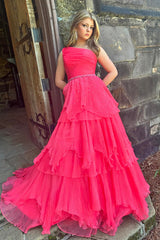 Dreamyannie One Shoulder Fuchsia Prom Dress Long Formal Dress With Ruffles