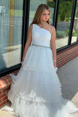 Dreamyannie One Shoulder Fuchsia Prom Dress Long Formal Dress With Ruffles