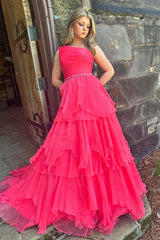 Dreamyannie One Shoulder Fuchsia Prom Dress Long Formal Dress With Ruffles
