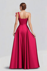 Dreamyannie One Shoulder Fuchsia Wedding Guest Dress A Line Satin Long Formal Dress Bow