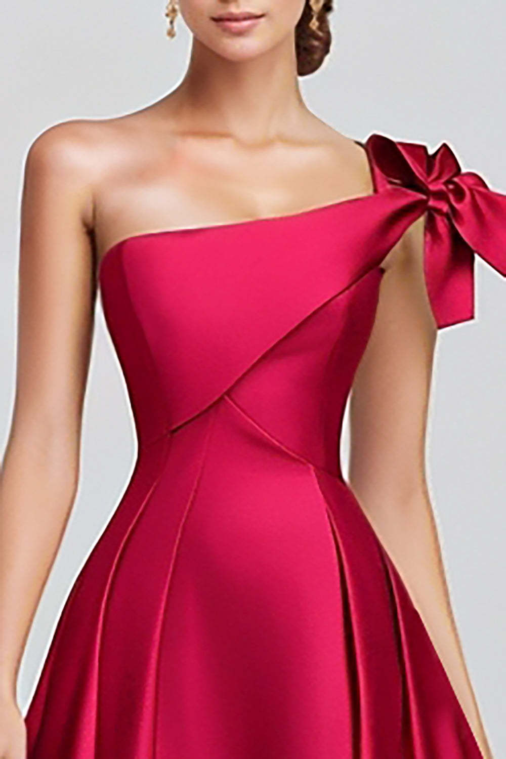 Dreamyannie One Shoulder Fuchsia Wedding Guest Dress A Line Satin Long Formal Dress Bow