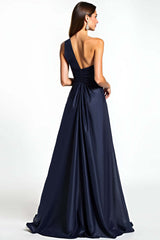 Dreamyannie One Shoulder Satin Navy Wedding Guest Dress Long Formal Dress