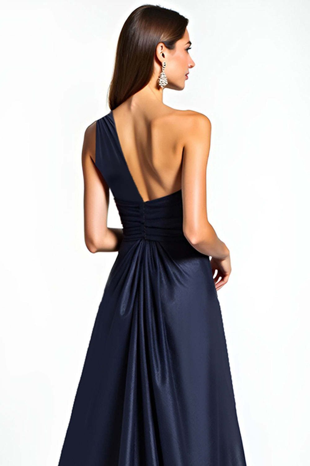Dreamyannie One Shoulder Satin Navy Wedding Guest Dress Long Formal Dress