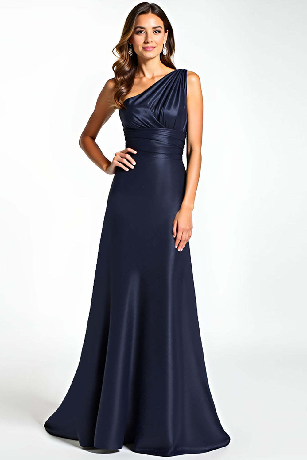 Dreamyannie One Shoulder Satin Navy Wedding Guest Dress Long Formal Dress