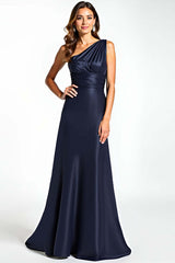 Dreamyannie One Shoulder Satin Navy Wedding Guest Dress Long Formal Dress