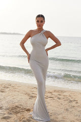 Dreamyannie One Shoulder Satin Prom Dress Beaded Mermaid Formal Dress