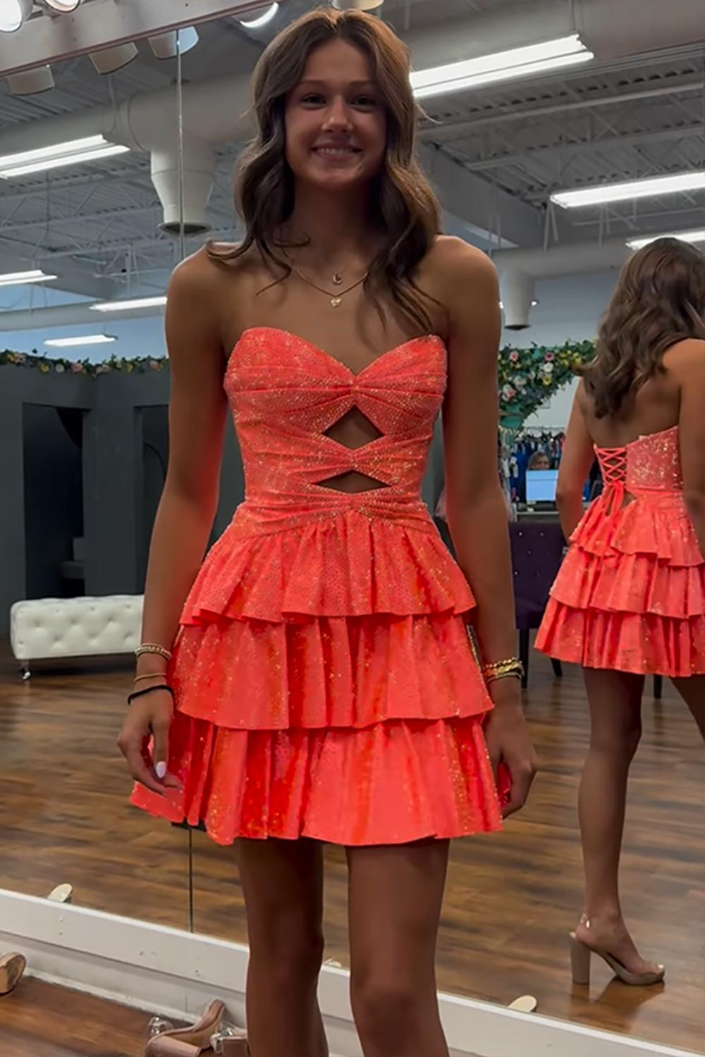 Dreamyannie Orange A Line Homecoming Dresses Tiered Short Cocktail Dresses With Beading
