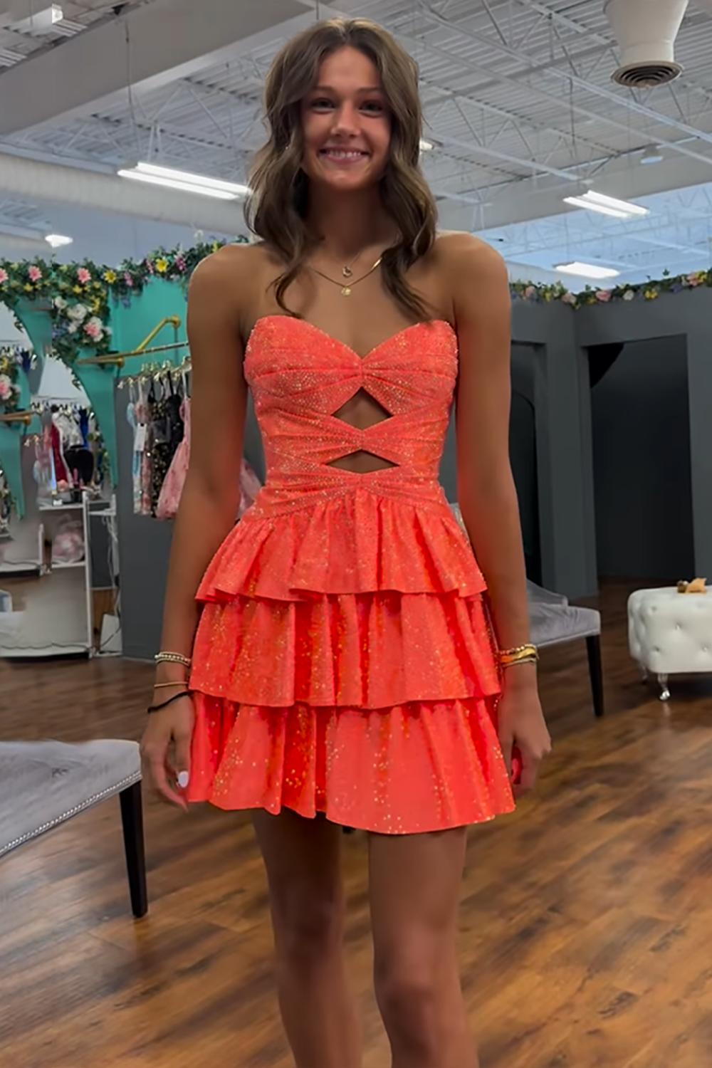 Dreamyannie Orange A Line Homecoming Dresses Tiered Short Cocktail Dresses With Beading