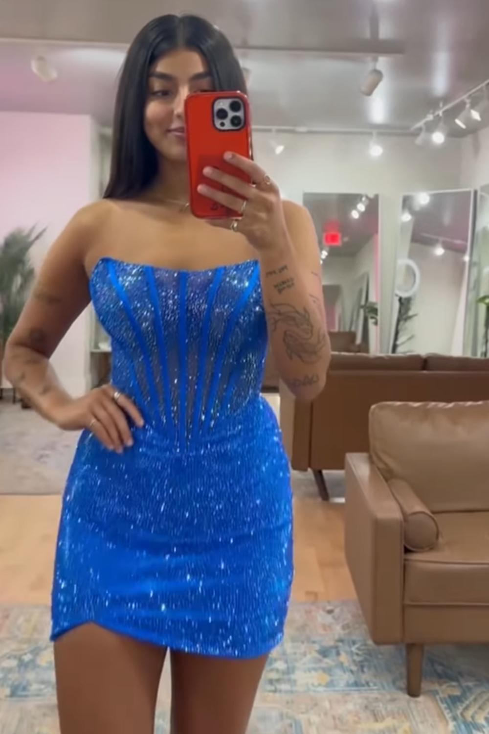 Dreamyannie Orange Corset Tight Homecoming Dresses Beaded Strapless Short Cocktail Dresses