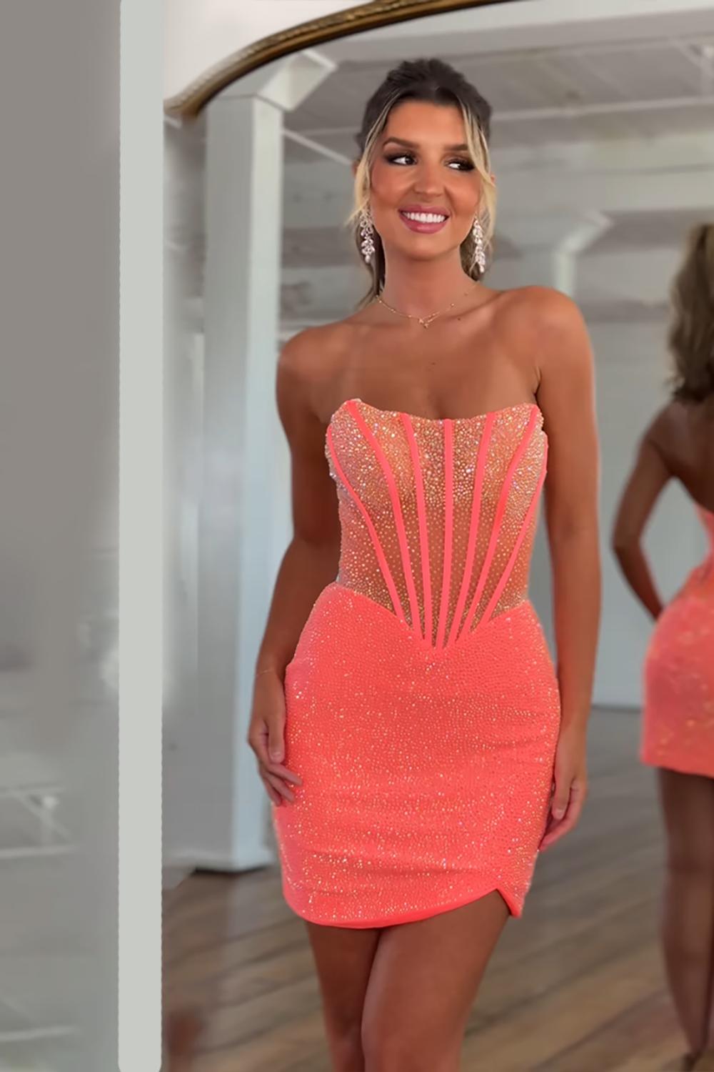 Dreamyannie Orange Corset Tight Homecoming Dresses Beaded Strapless Short Cocktail Dresses