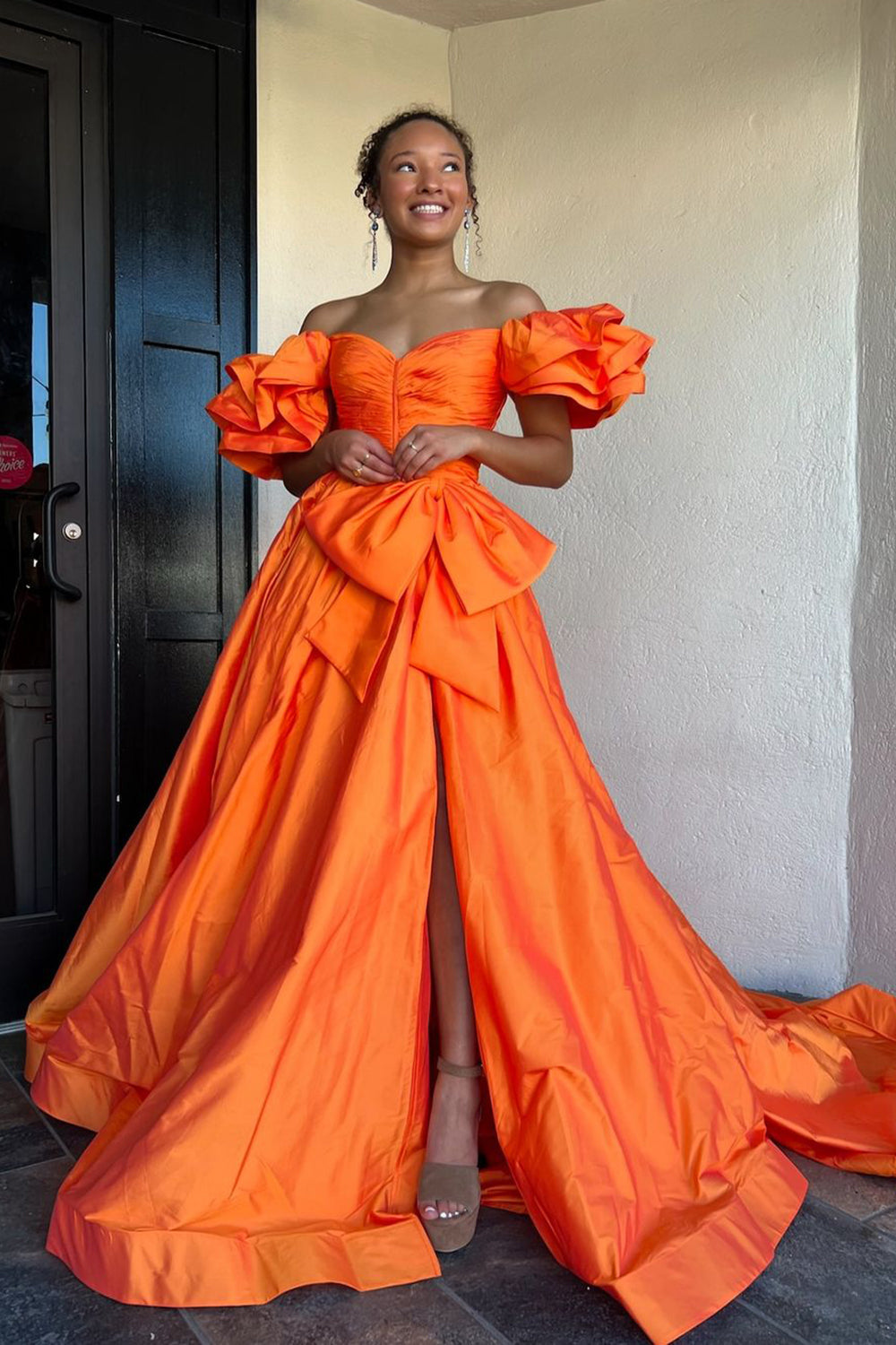 Dreamyannie Orange Prom Dress A-Line Off The Shoulder Ruffles Long Formal Dress With Slit