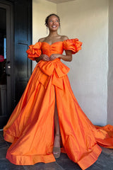 Dreamyannie Orange Prom Dress A-Line Off The Shoulder Ruffles Long Formal Dress With Slit