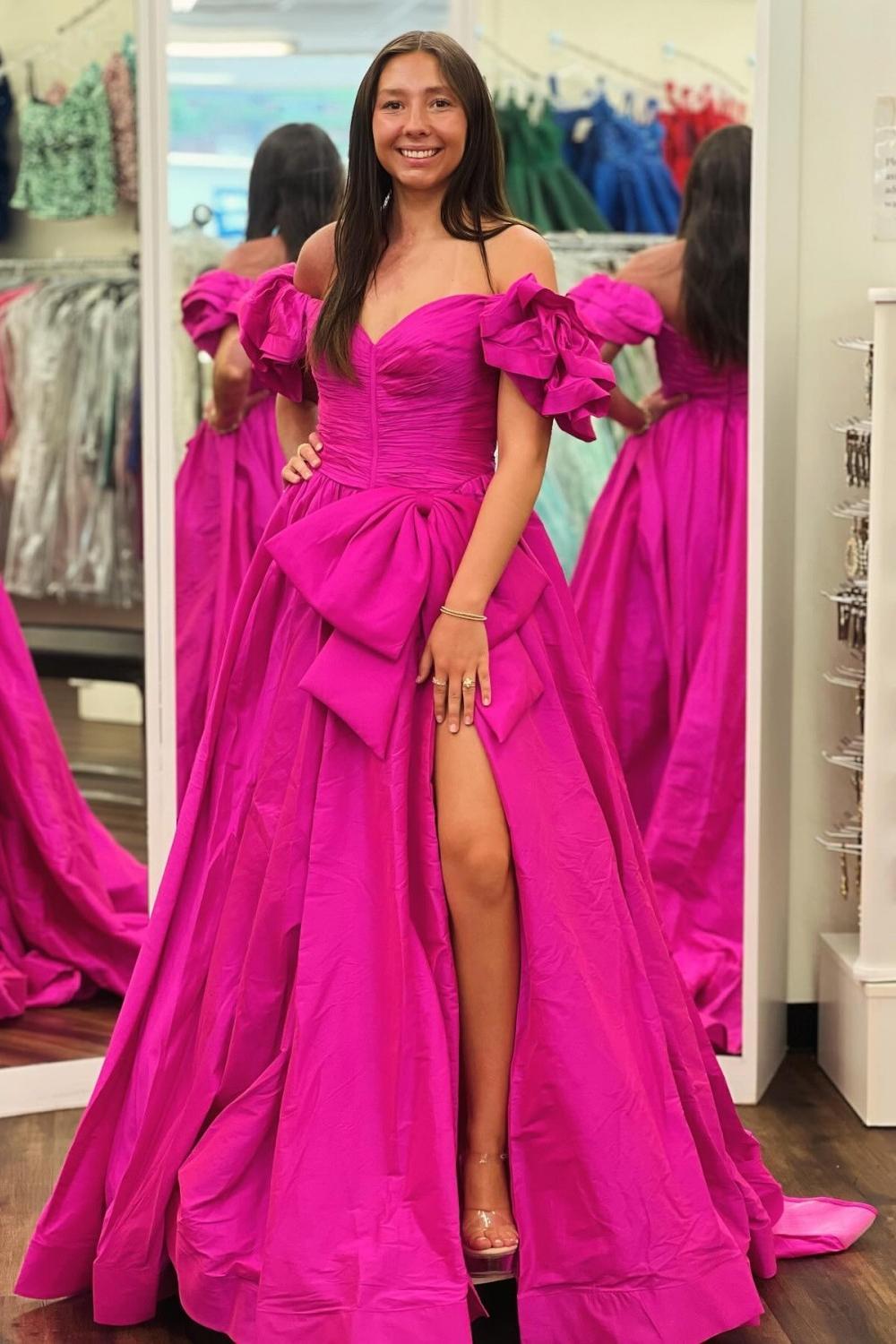 Dreamyannie Orange Prom Dress A-Line Off The Shoulder Ruffles Long Formal Dress With Slit