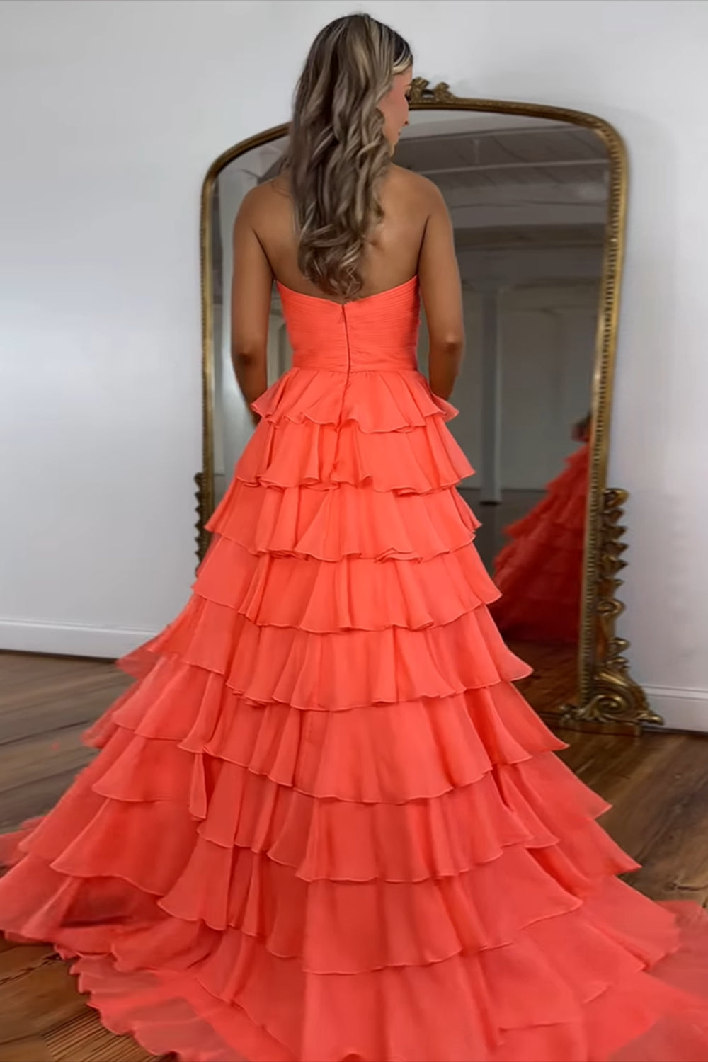 Dreamyannie Orange Prom Dress A Line Sweetheart Long Formal Dress With Ruffles