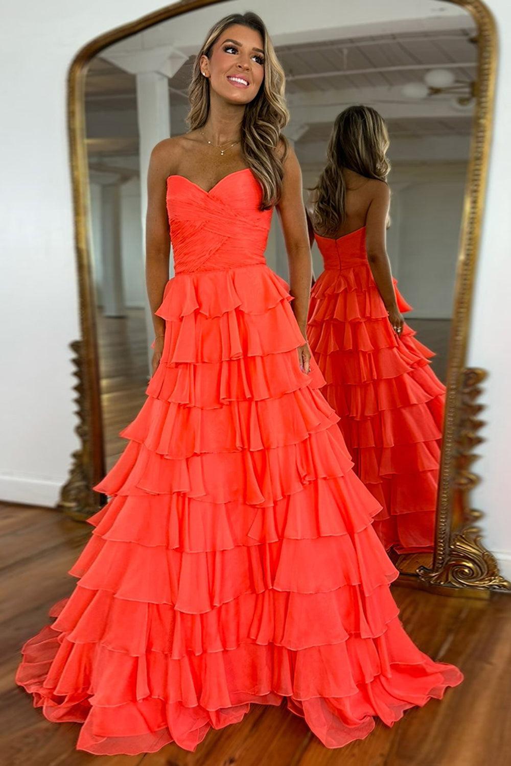 Dreamyannie Orange Prom Dress A Line Sweetheart Long Formal Dress With Ruffles
