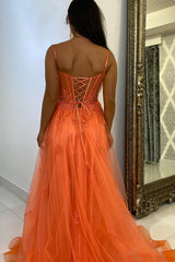 Dreamyannie Orange Prom Dress Floral A-Line Spaghetti Straps Long Formal Dress